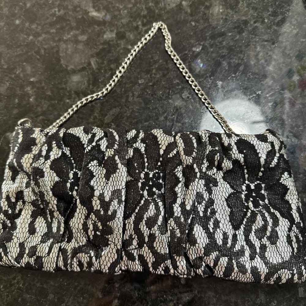 Black Silver Lace Evening Clutch Purse Rhinestone Chain Strap Formal Glam‎